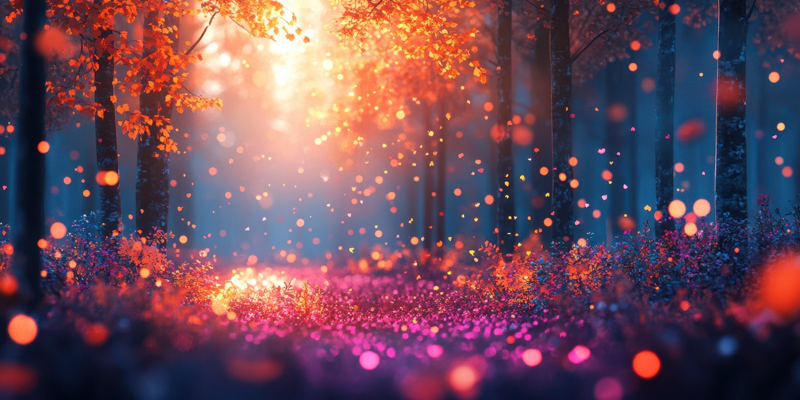 Magical forest pathway illuminated by colorful sunlight and falling leaves during autumn